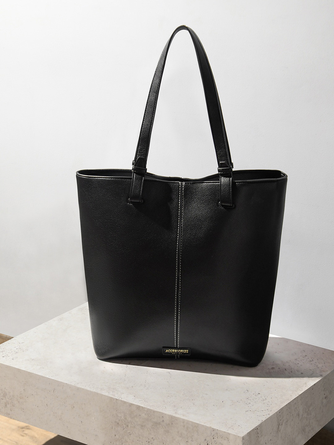 Accessorize London Women's Faux Leather Black Contrast Stitch Laptop Tote Bag