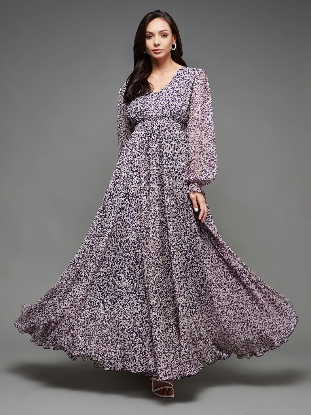Miss Chase Floral Printed Bishop Sleeve Maxi Dress