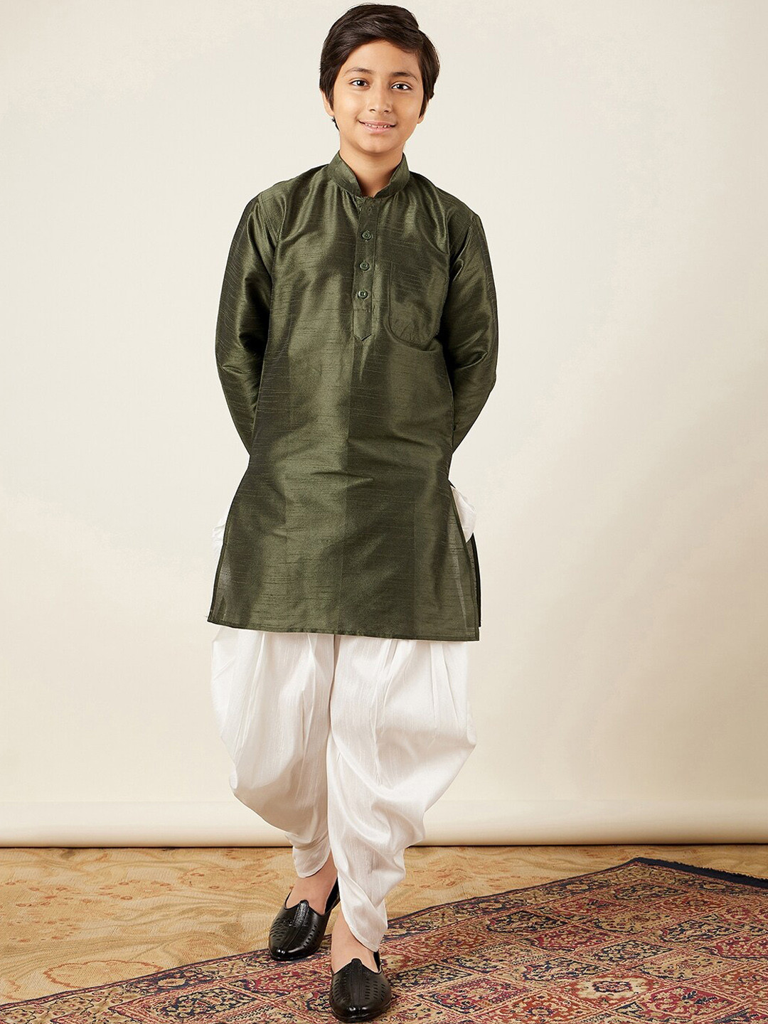 Aj DEZInES Boys Green Mandarin Collar Straight Kurta with Patiala Silk Set