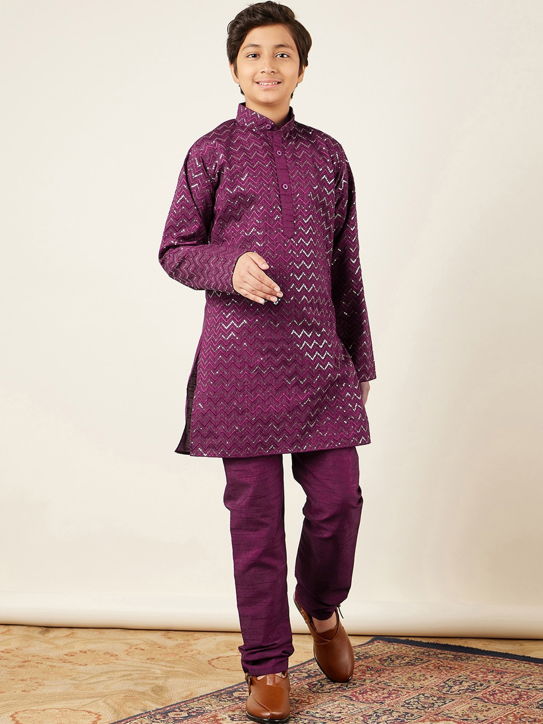 Aj DEZInES Boys Embroidered Purple Mandarin Collar Regular Sequinned Kurta With Pyjamas Set
