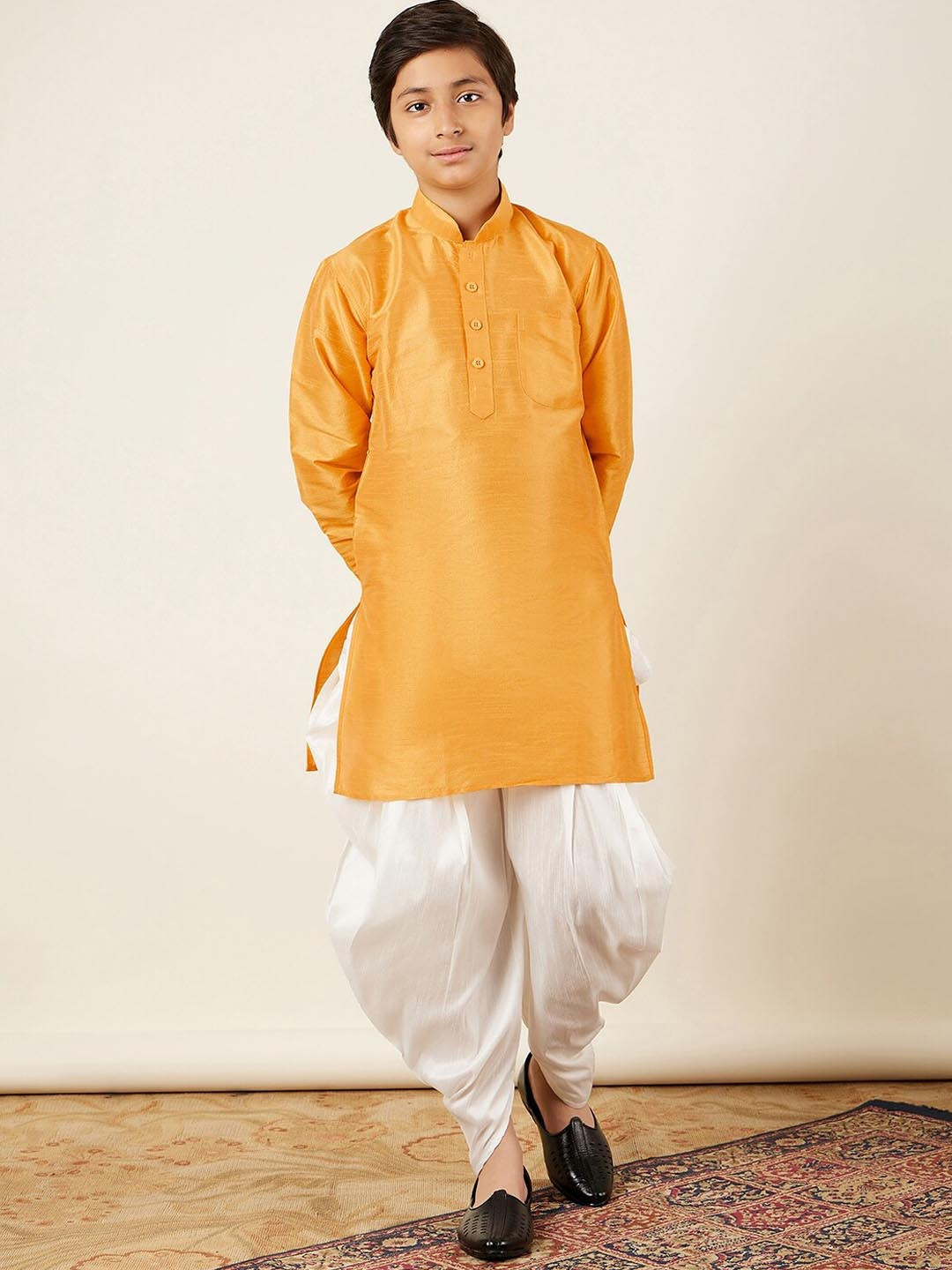 Aj DEZInES Boys Yellow Mandarin Collar Straight Kurta with Dhoti Pants Silk Set