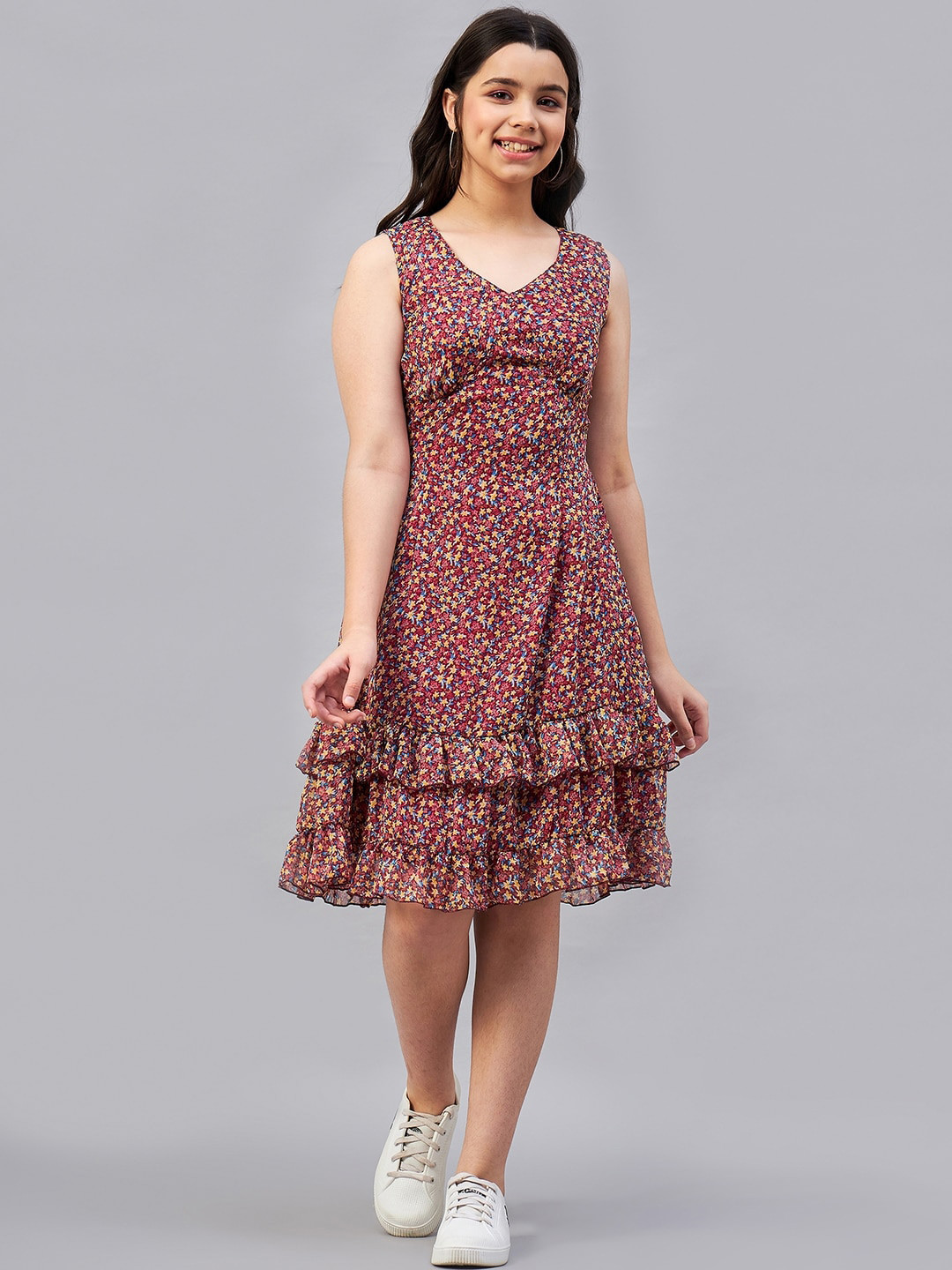 Antheaa Girls Red And Yellow Floral Printed V-Neck Layered Fit & Flare Dress