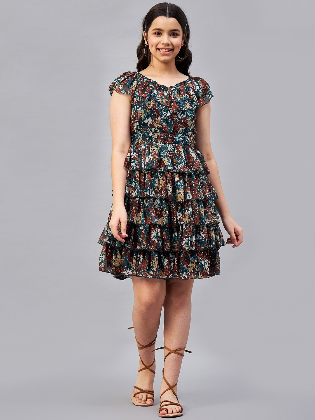 Antheaa Girls Green And Maroon Floral Printed V-Neck Layered Fit & Flare Dress