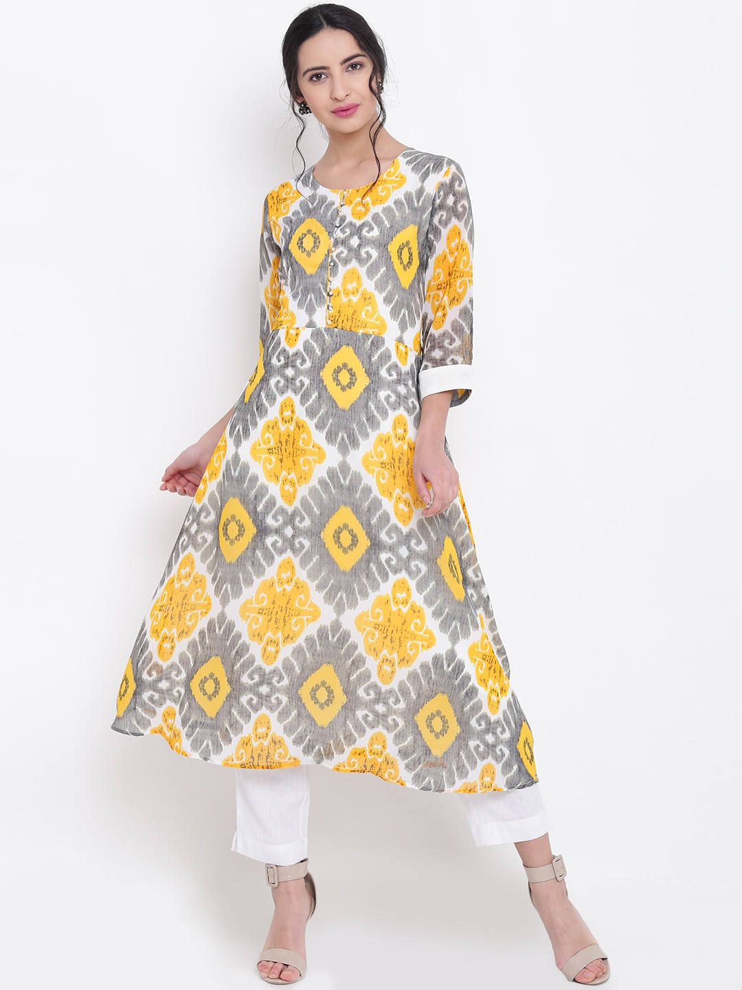 Shree Women White & Yellow Printed Straight Kurta