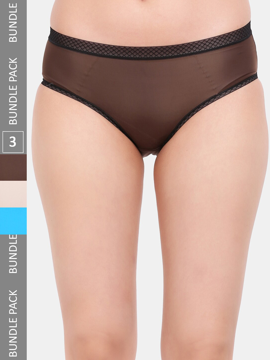 Amour Secret Pack Of 3 Laced Leak Proof Bikini Briefs P205_Bwn_Skn_Tblu