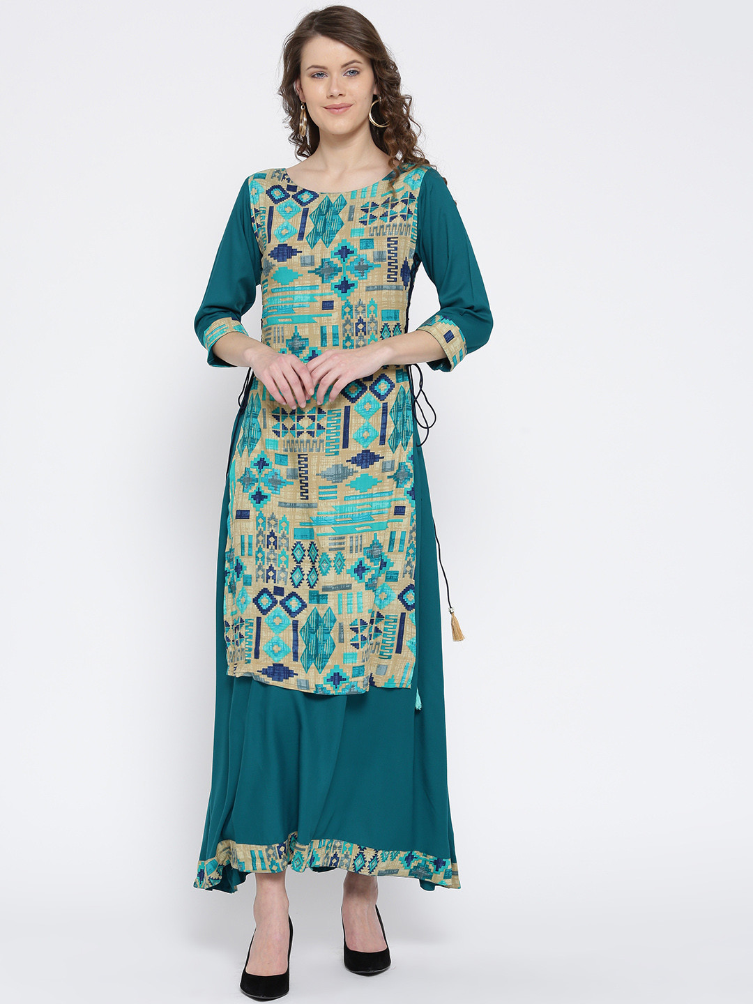 Shree Women Teal Blue & Beige Layered Printed Maxi Dress