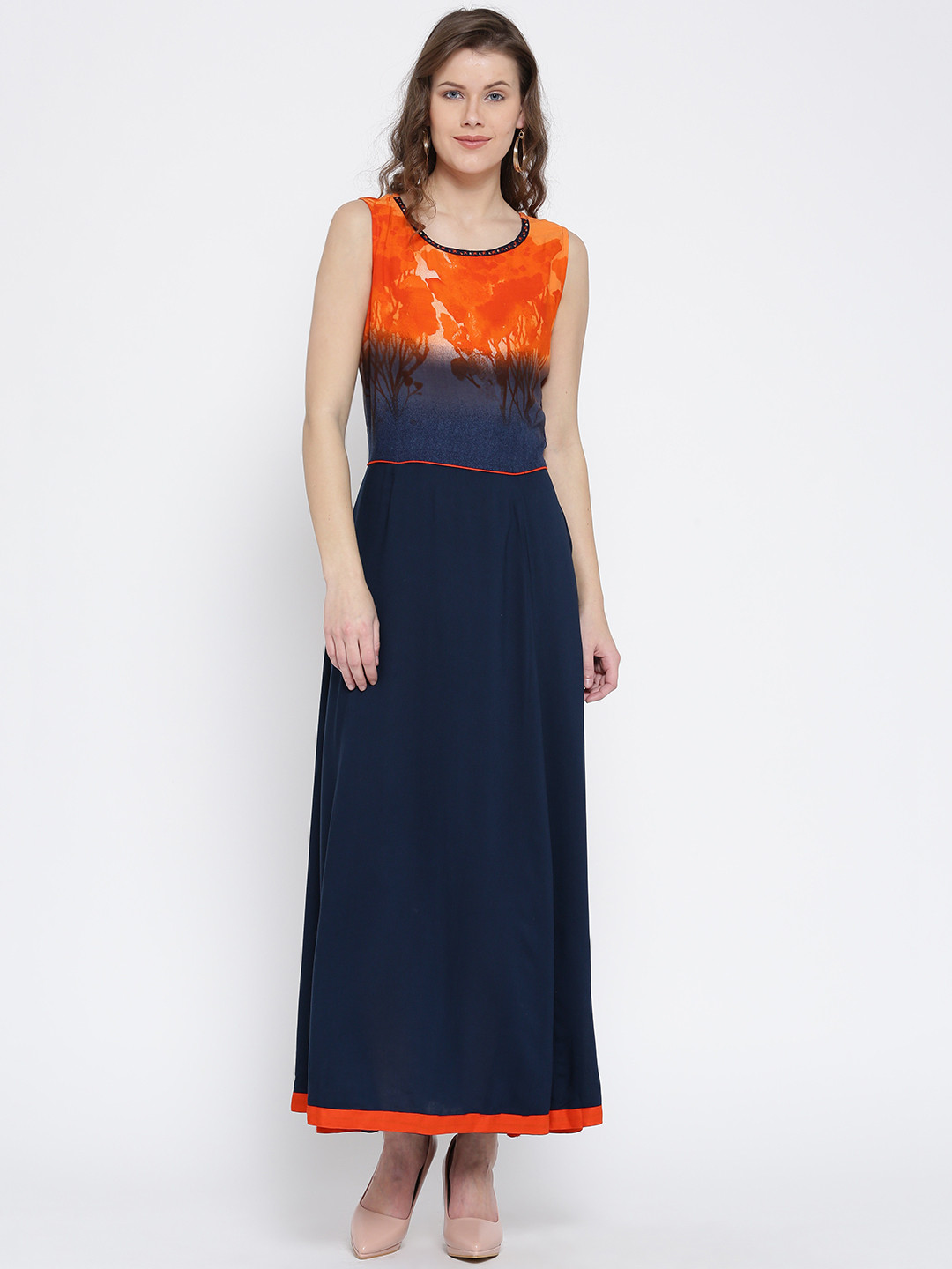 Shree Women Navy & Orange Printed Maxi Dress