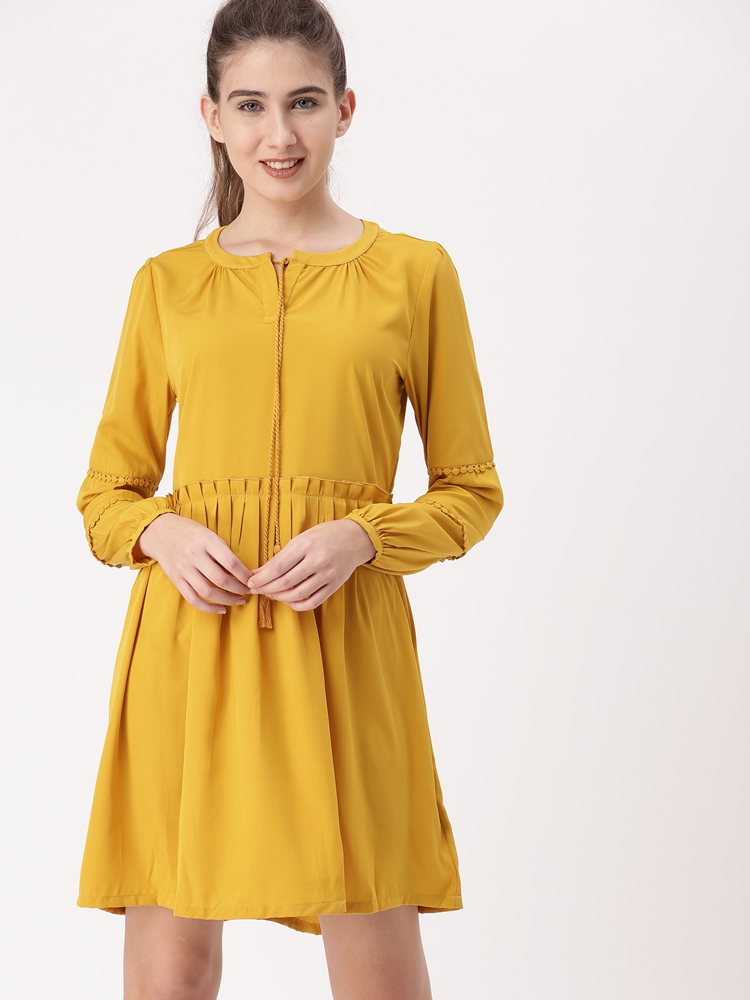 Buy DressBerry Women Black & Mustard Yellow Self-Design Fit and Flare Dress  on Myntra