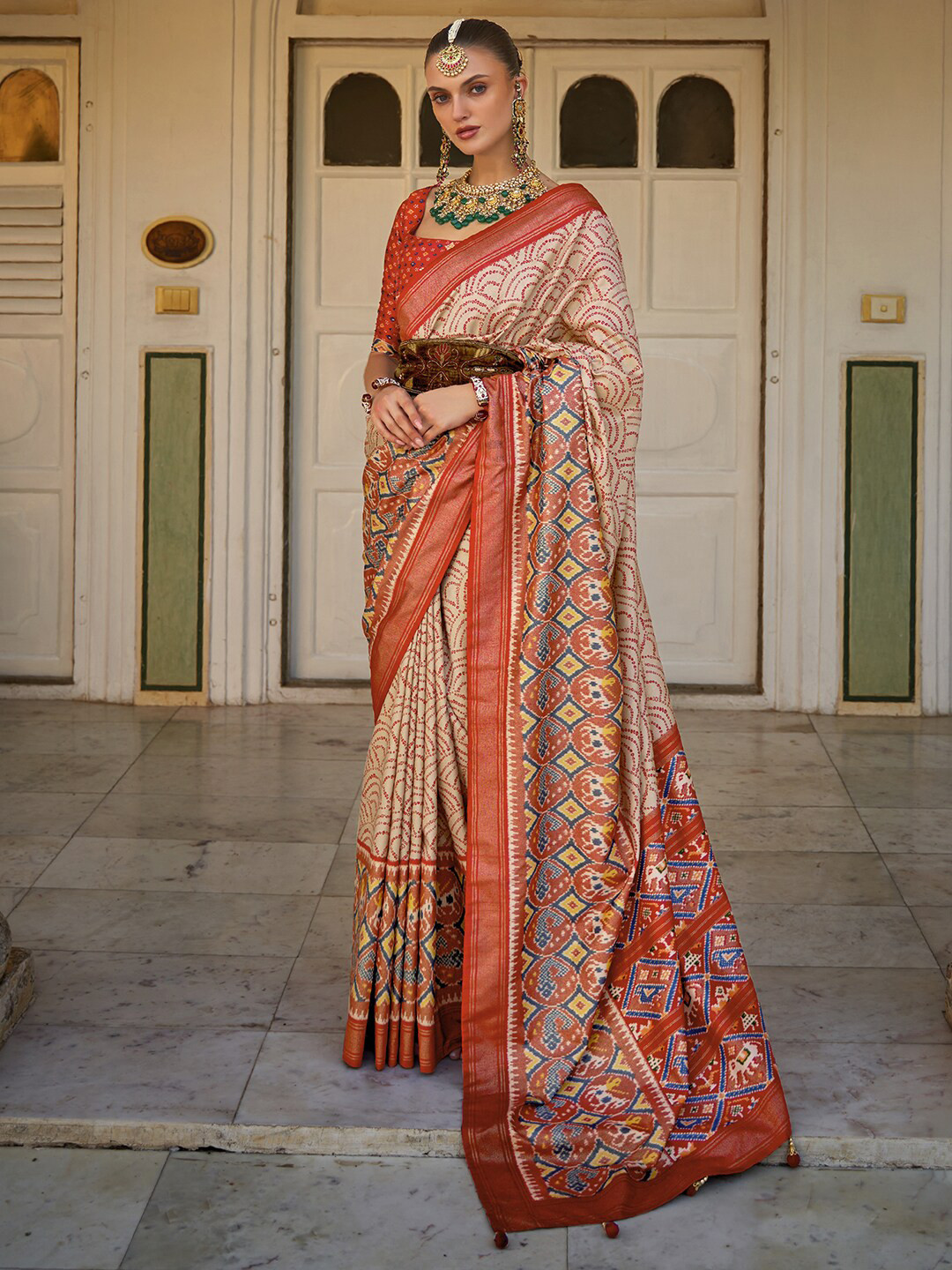 Anouk Cream-Coloured & Blue Bandhani Printed Zari Patola Saree