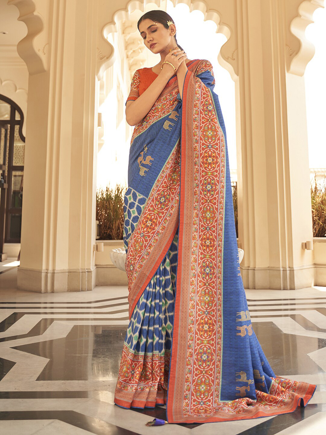 Anouk Navy Blue & Orange Ethnic Motifs Printed Silk Blend Bagru Saree