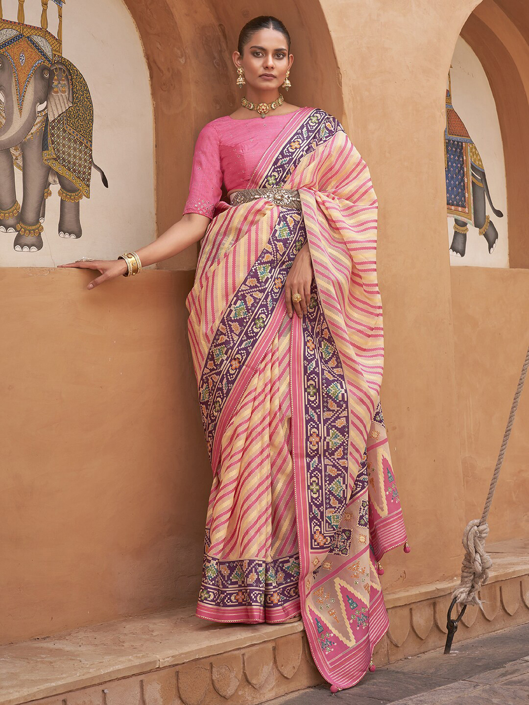 Anouk Cream & Maroon Leheriya Printed Gotta Patti Organza Banarasi Saree