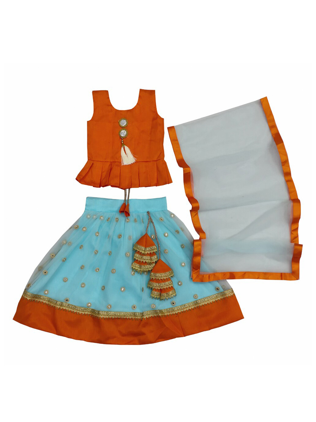 BAESD Girls Mirror Work Embroidered Ready To Wear Lehenga & Blouse With Dupatta