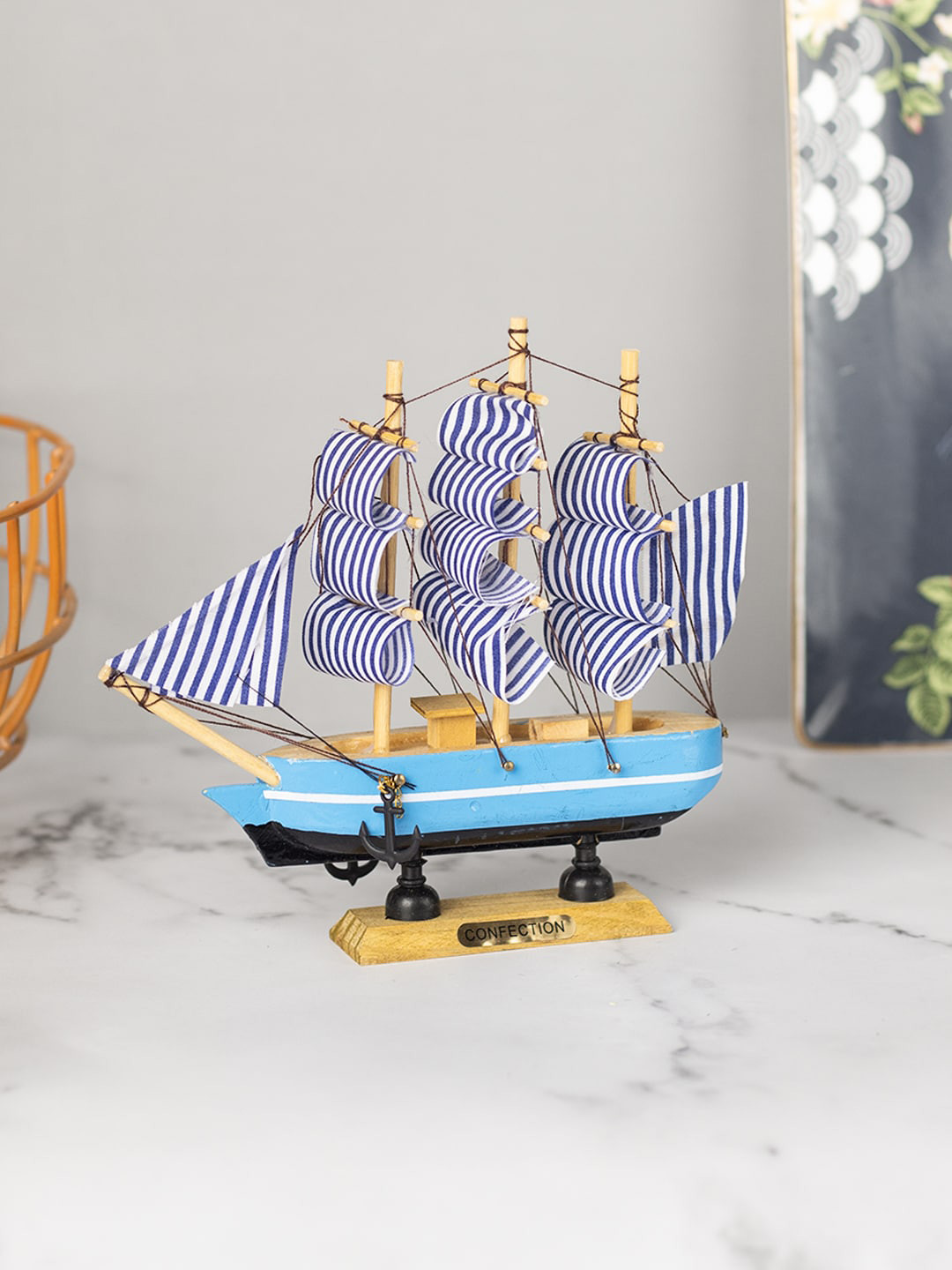 MARKET99 Sailing Boat Ship Blue Wood Natural Living Room Medium Showpiece - 1.9 Inches