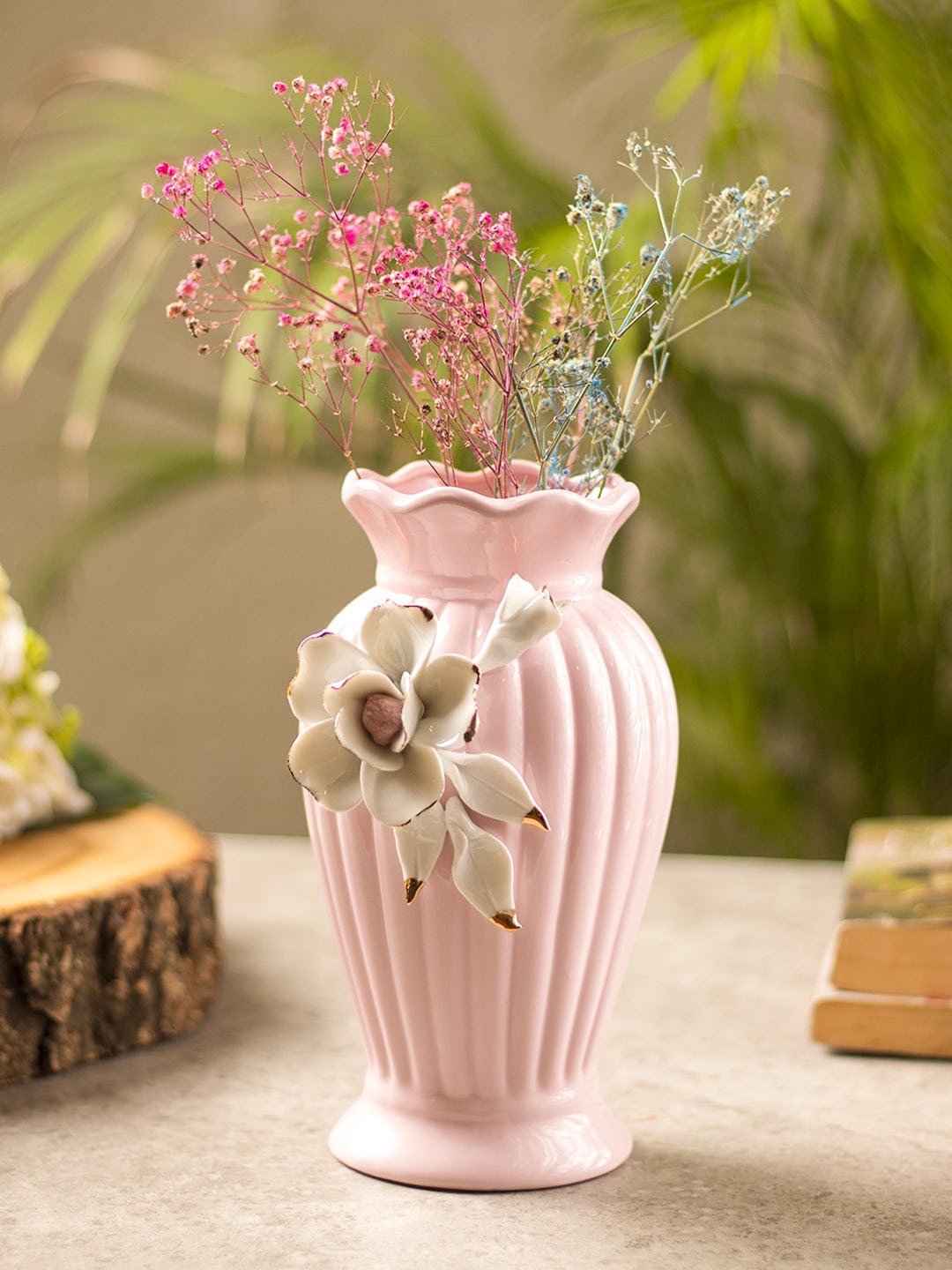 MARKET99 Pink & White Textured Ceramic Flower Vase