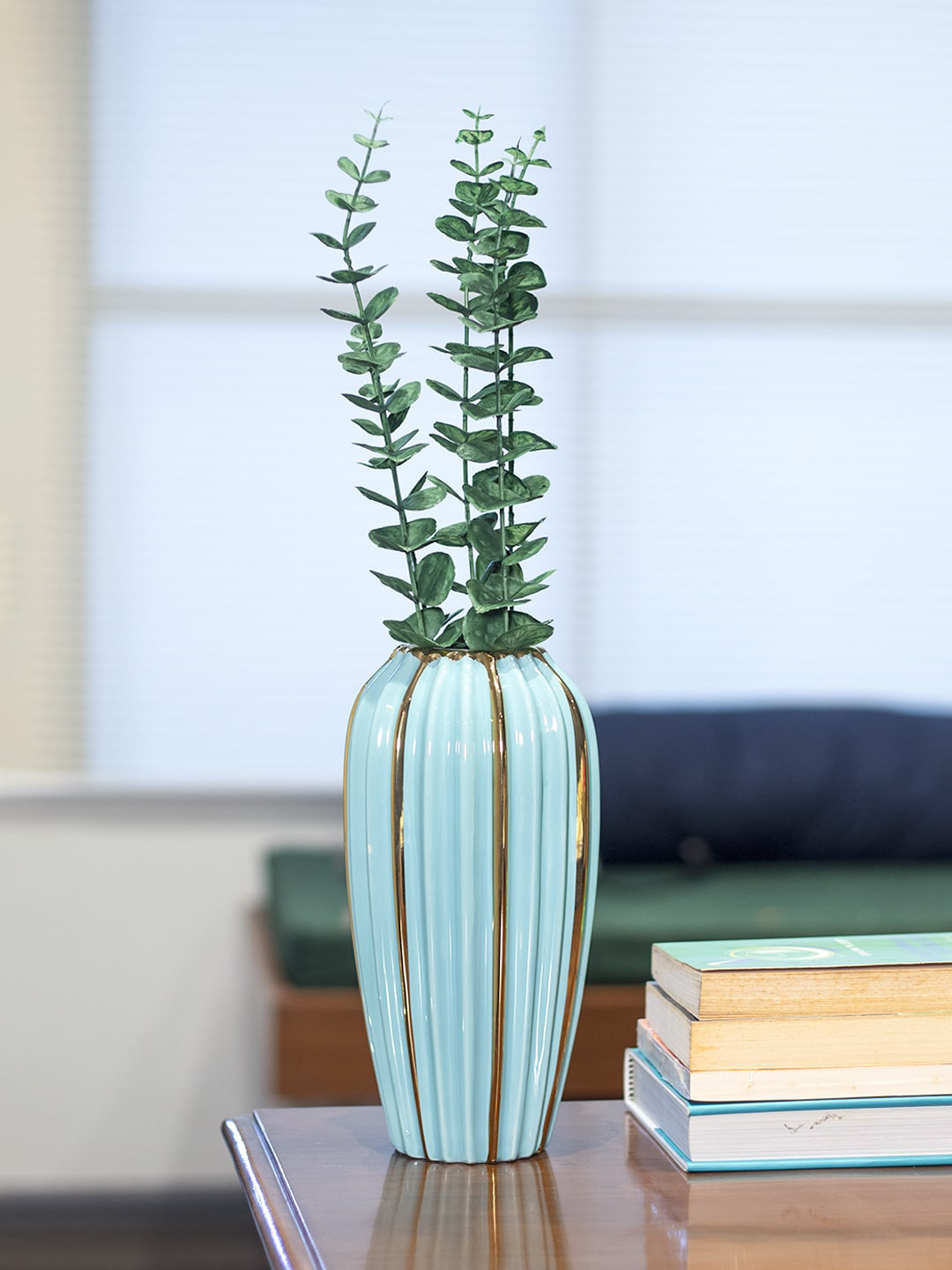 MARKET99 Sea Green & Golden Textured Ceramic Flower Vase