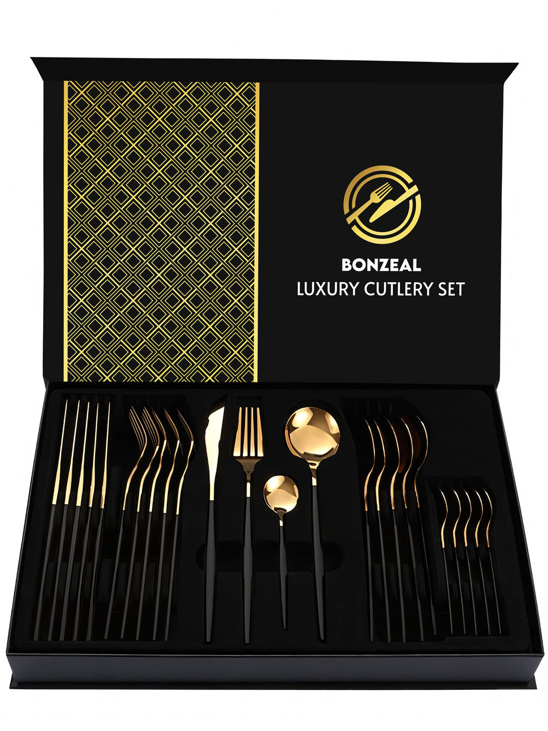 BonZeaL Black 24 Pieces  Stainless Steel Cutlery Set With Gifting Box