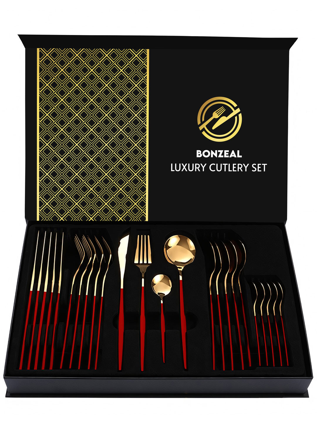 BonZeaL Red 24 Pieces Gold Mirror Finish Cutlery Set With Box
