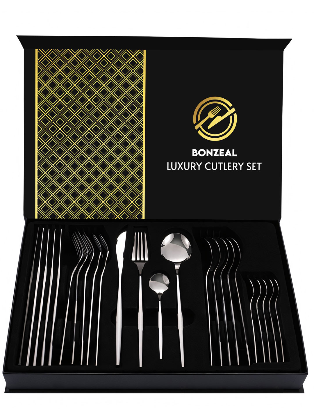 BonZeaL Silver-Toned 24 Pieces 410 Stainless Steel Cutlery With Gifting Box