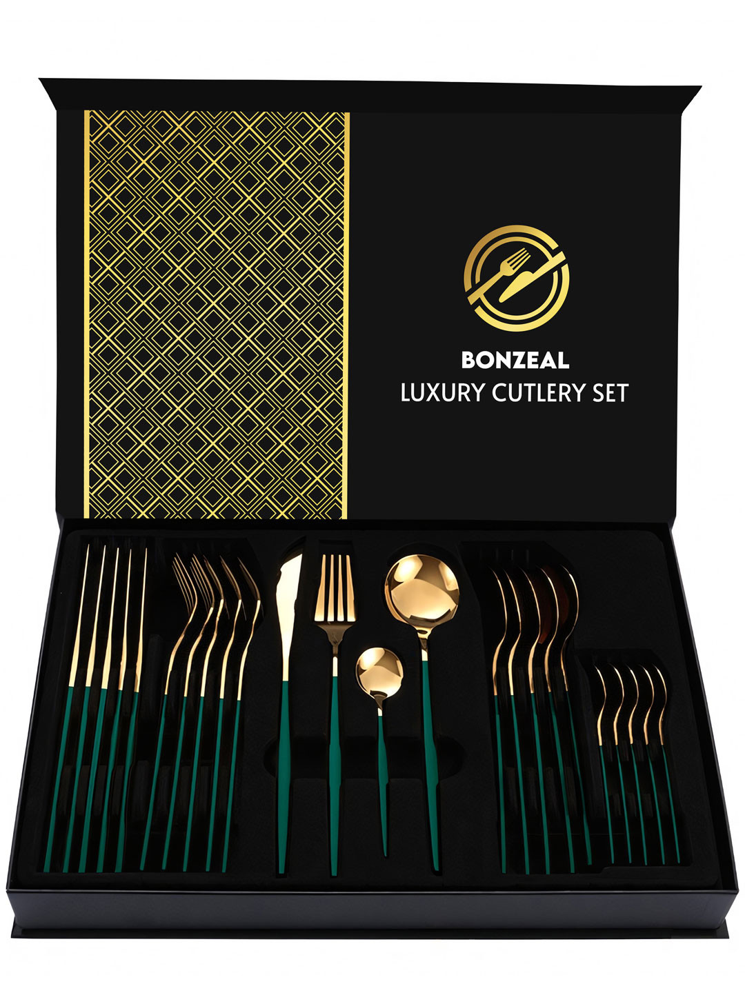 BonZeaL Green 24 Pieces Mirror Finish Stainless Steel Cutlery Set With Gifting Box