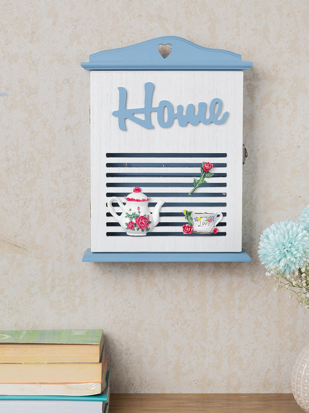 Market99 Blue & White Wood House Shaped Key Holder Box