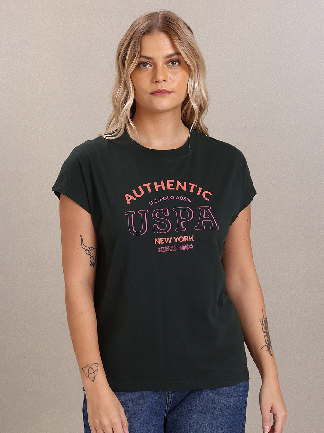 U.S. Polo Assn. Women Pack Of 2 Typography Printed Extended Sleeves Casual T-Shirts