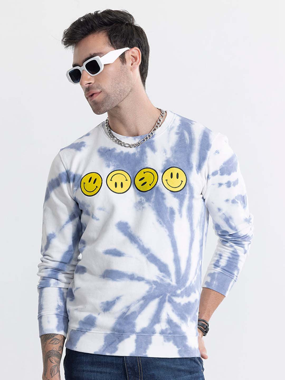 Snitch Blue And White Abstract Printed Cotton Sweatshirt