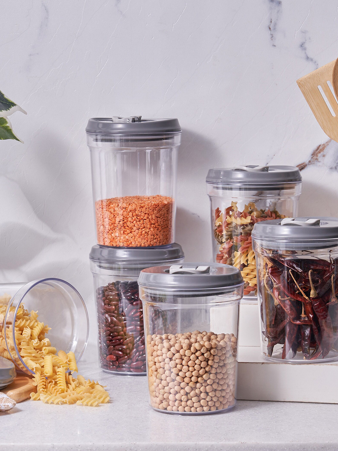 Home Centre Genesis Sterling Transparent Plastic 6 Piece Flip Top Canister-1L