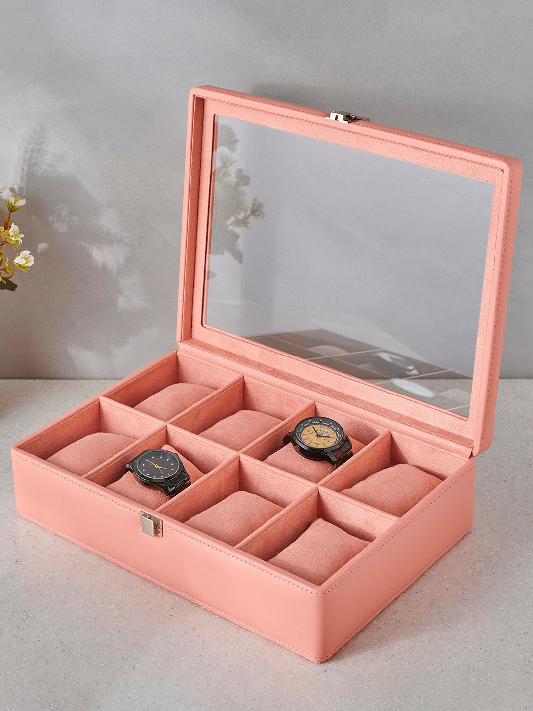 Home Centre Peach-Coloured Wooden 8-Compartment Watch Box