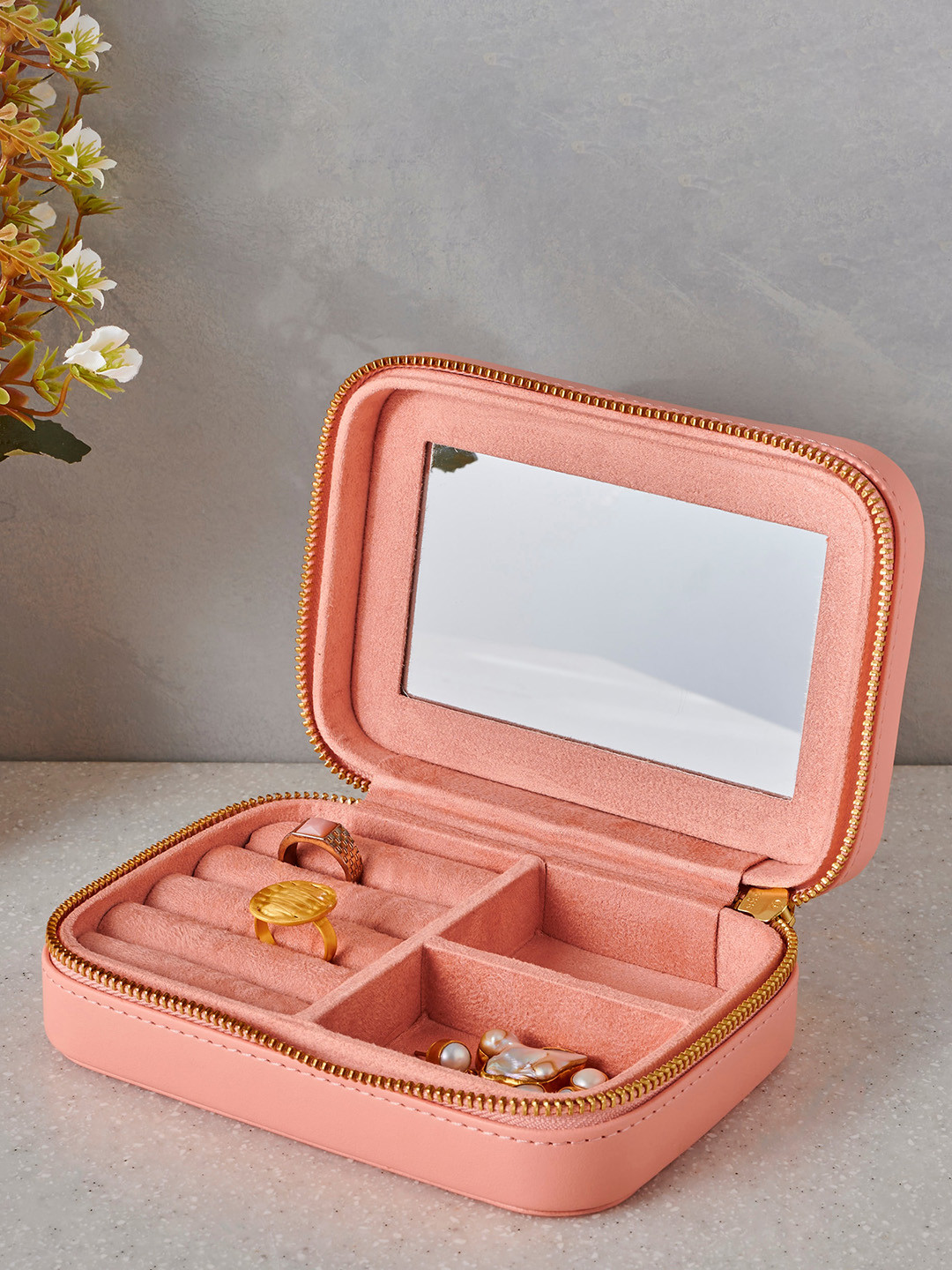 Home Centre Orion Emma Peach-Coloured Wooden Rectangular Jewellery Box