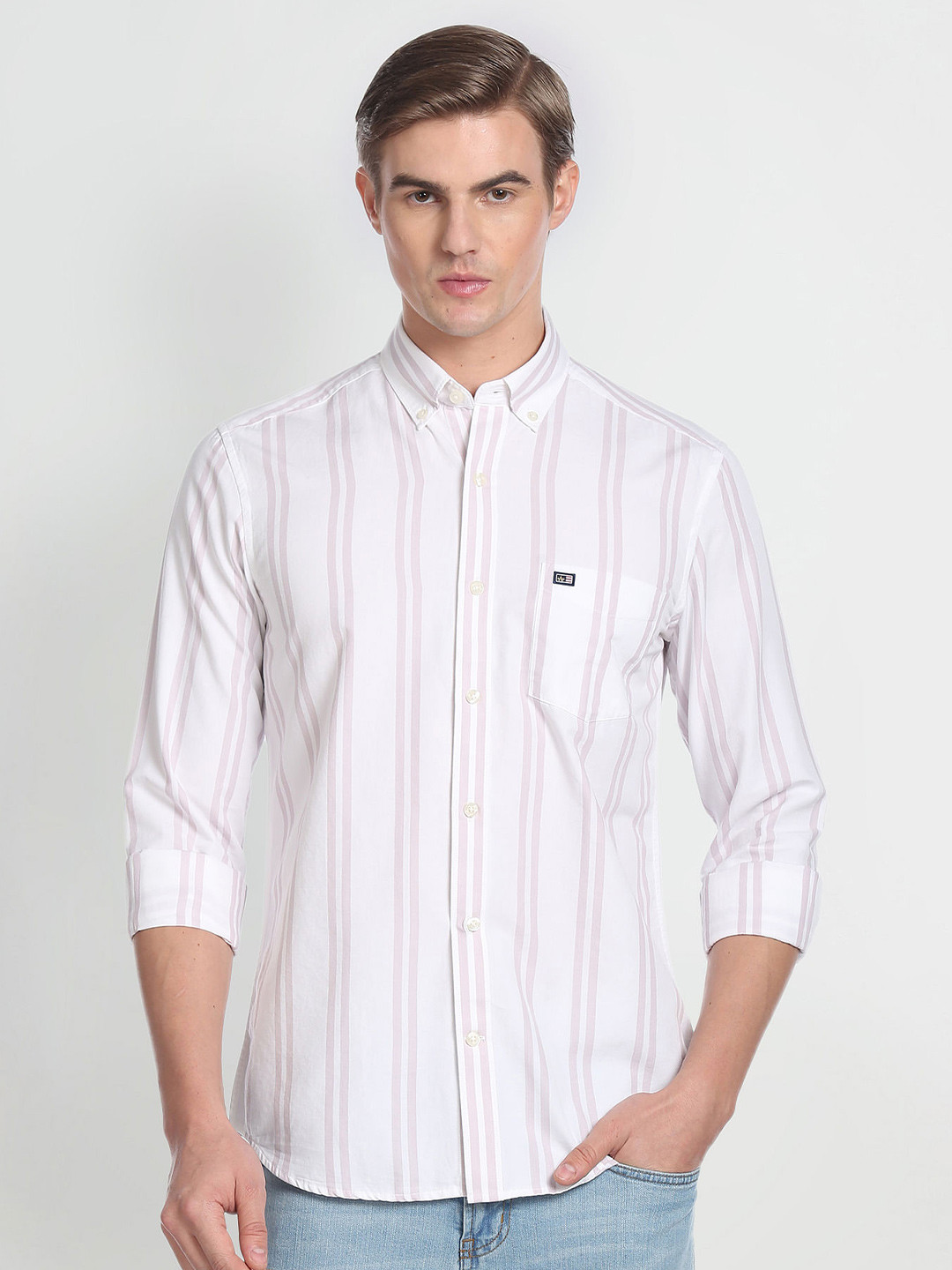 Arrow Sport Slim Fit Vertical Strips Striped Spread Collar Cotton Casual Shirt