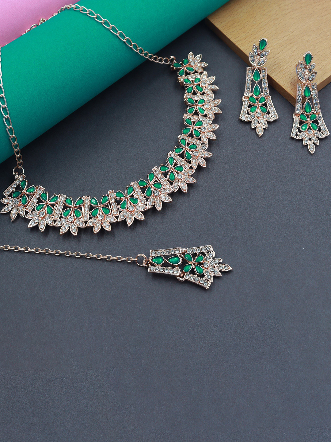 Rhymee Rose Gold-Plated AD Stone-Studded Choker Necklace With Earrings & With Maang Tika