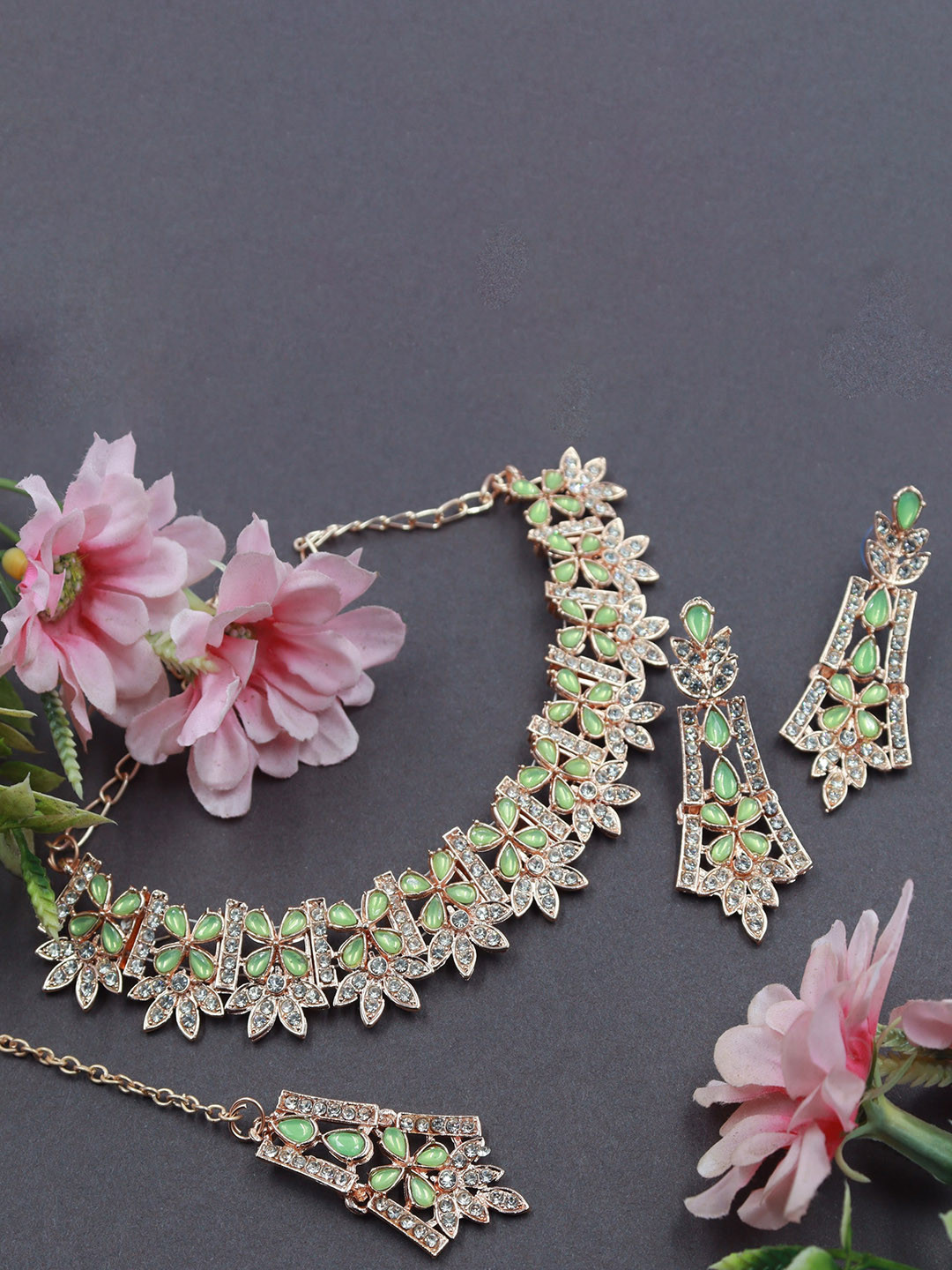 Rhymee Rose Gold-Plated AD Stone-Studded Choker Necklace With Earrings & With Maang Tika