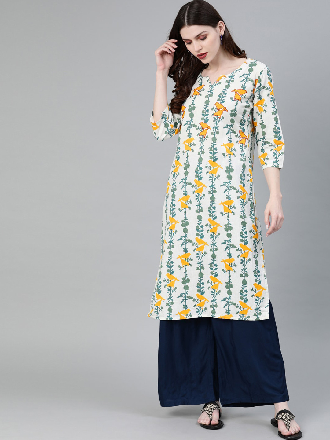 KALINI Floral Printed Square Neck Thread Work White Romance Cotton Straight Kurta