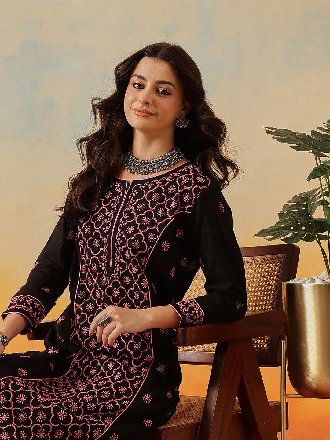 ADA Floral Thread Work Cotton Straight Kurta