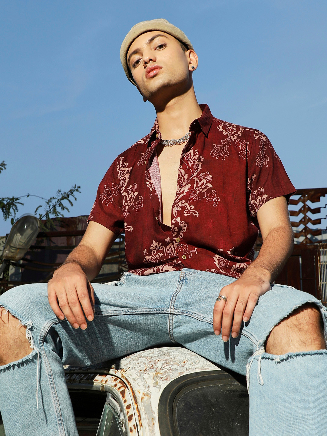 Campus Sutra Maroon Classic Ethnic Motif Printed Casual Shirt