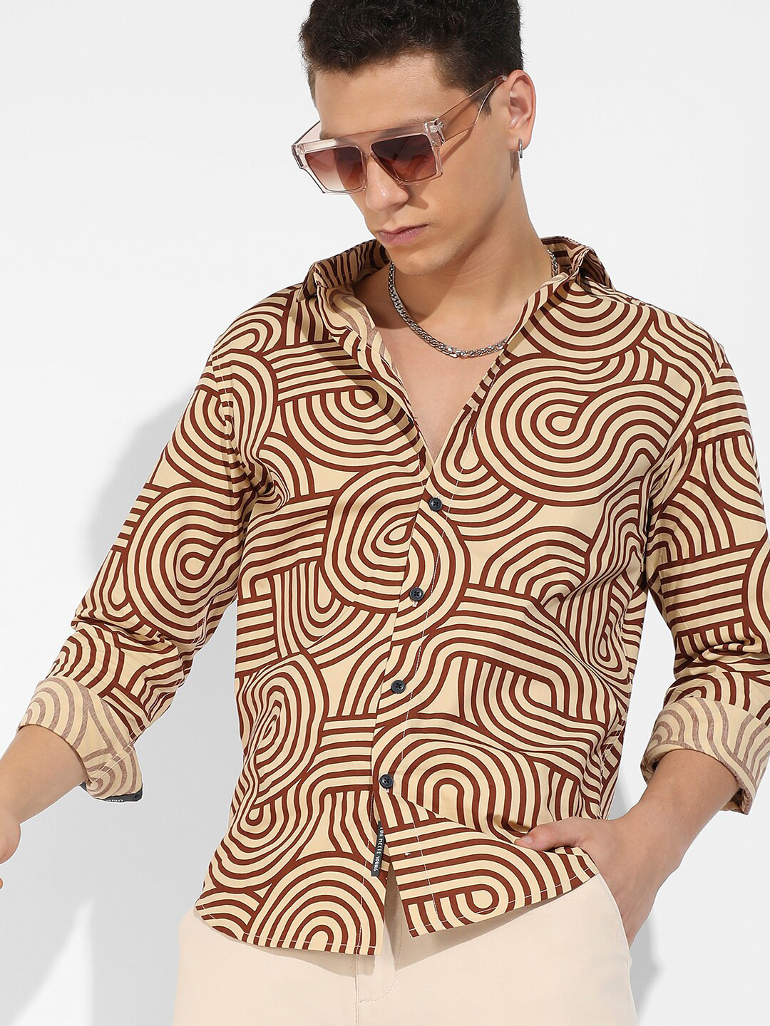 CAHOOT Beige & Brown Geometric Printed Casual Shirt