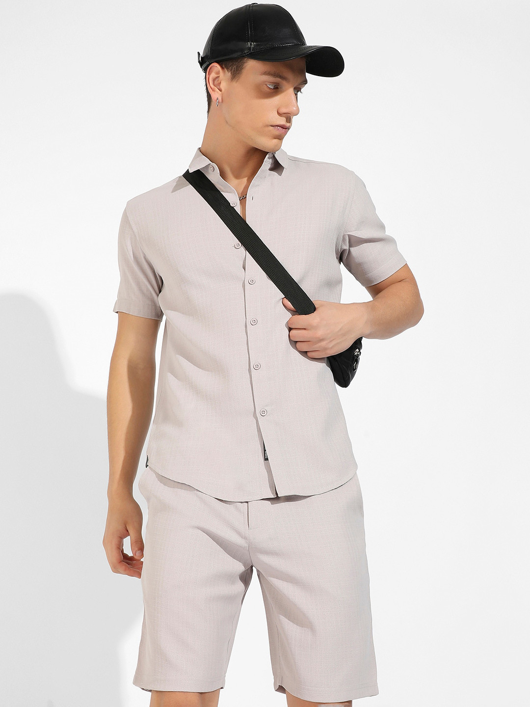 Campus Sutra Beige Textured Shirt & Shorts