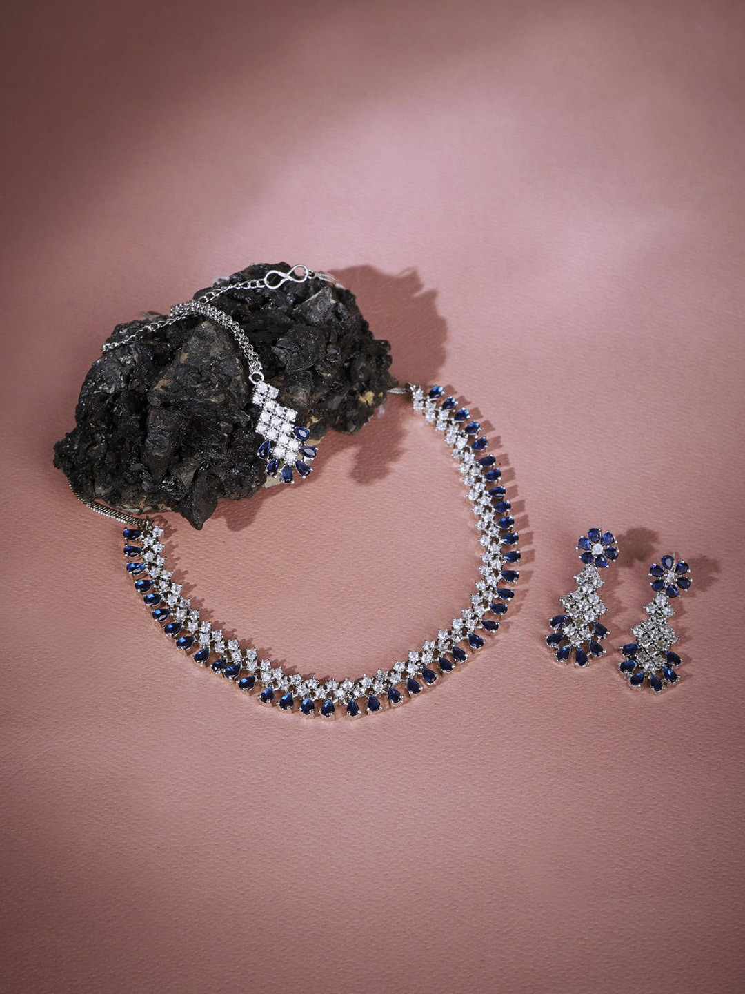 The Pari Rhodium-Plated AD-Studded Jewellery Set With Maang Tikka