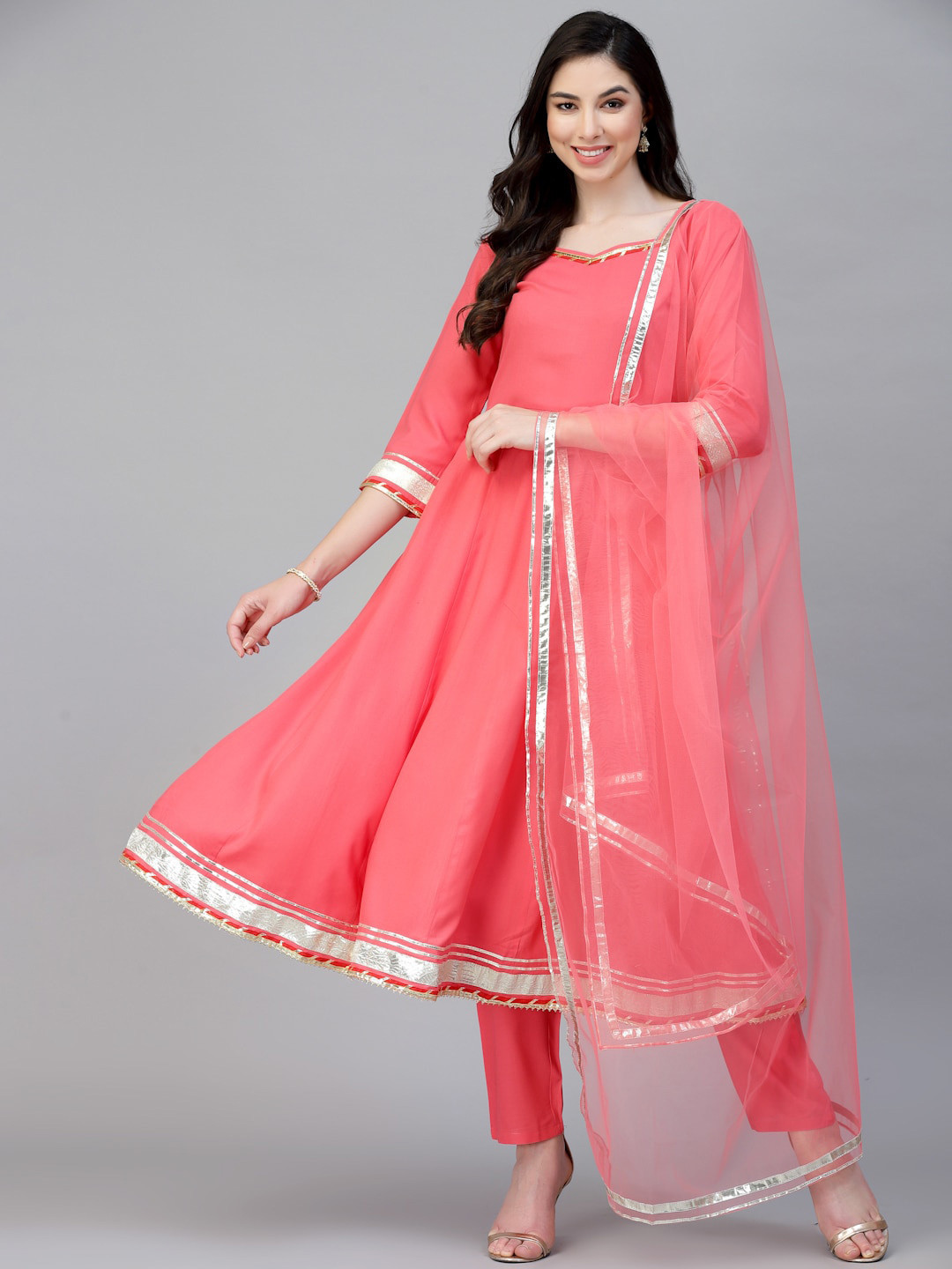 Stylum Coral & Gold-Toned Anarkali Gotta Patti Kurta With Trousers & Dupatta