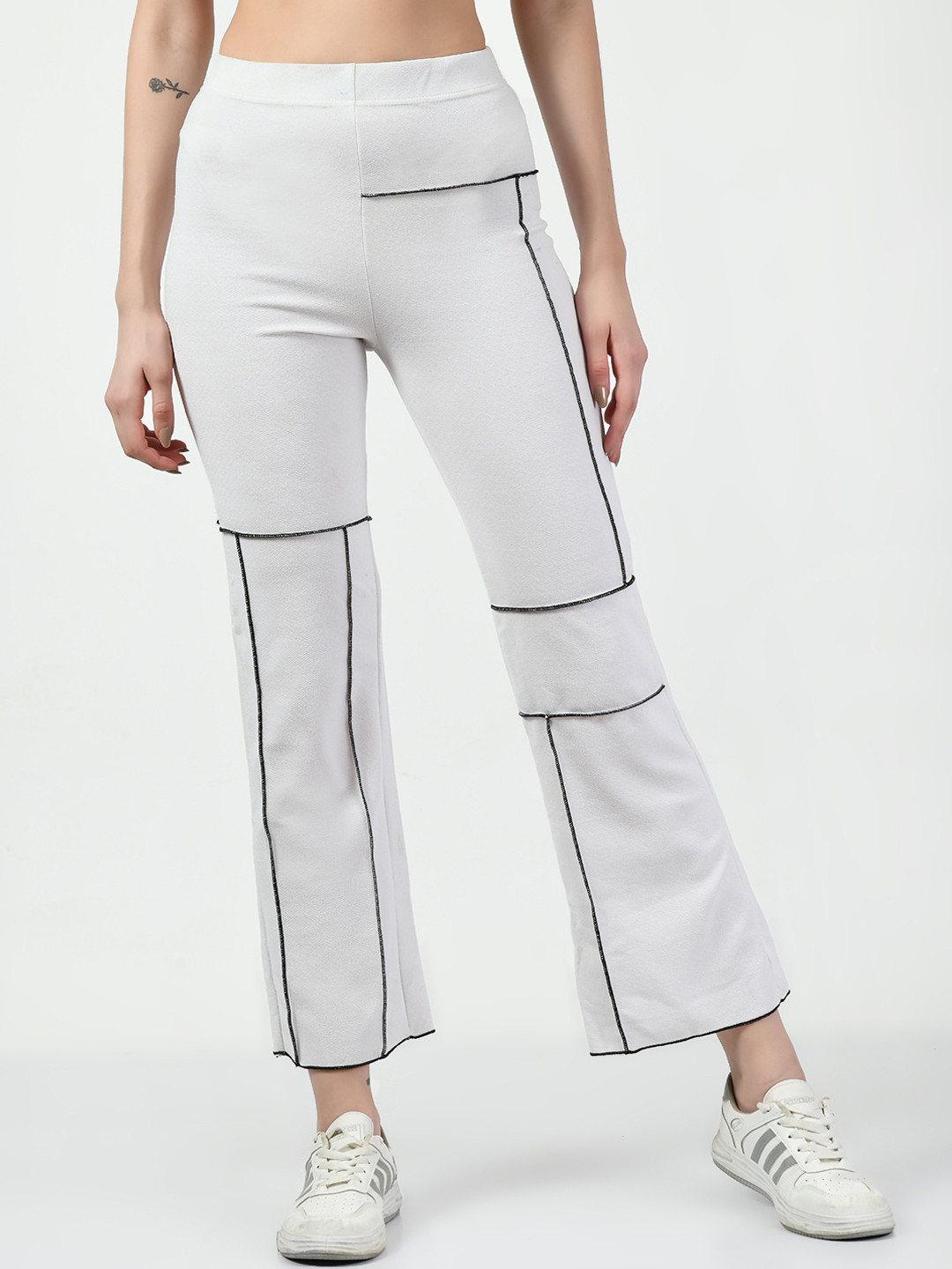 CLAFOUTIS Women Smart Flared Striped High-Rise Regular Trousers