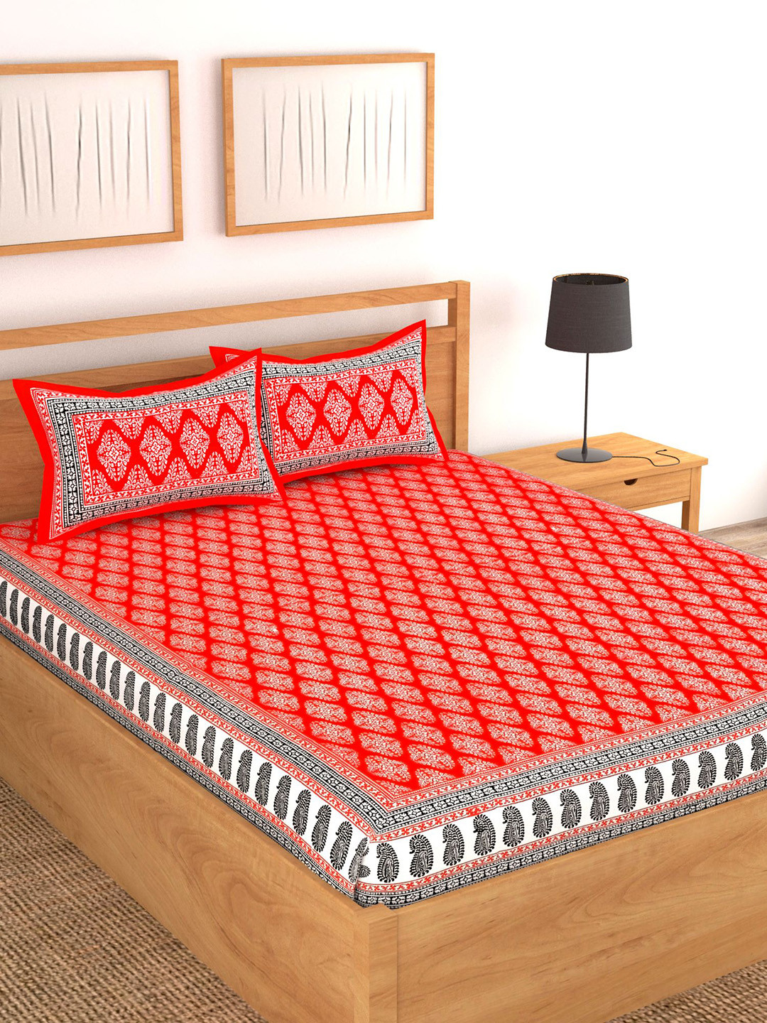 Lali Prints Jaipuri Red Ethnic Motifs Cotton 130 TC Queen Bedsheet with 2 Pillow Covers-90 x 100 inches