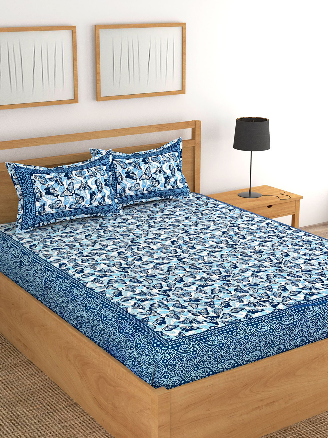 Lali Prints Jaipuri Blue & White Graphic Cotton 130 TC Queen Bedsheet With 2 Pillow Covers