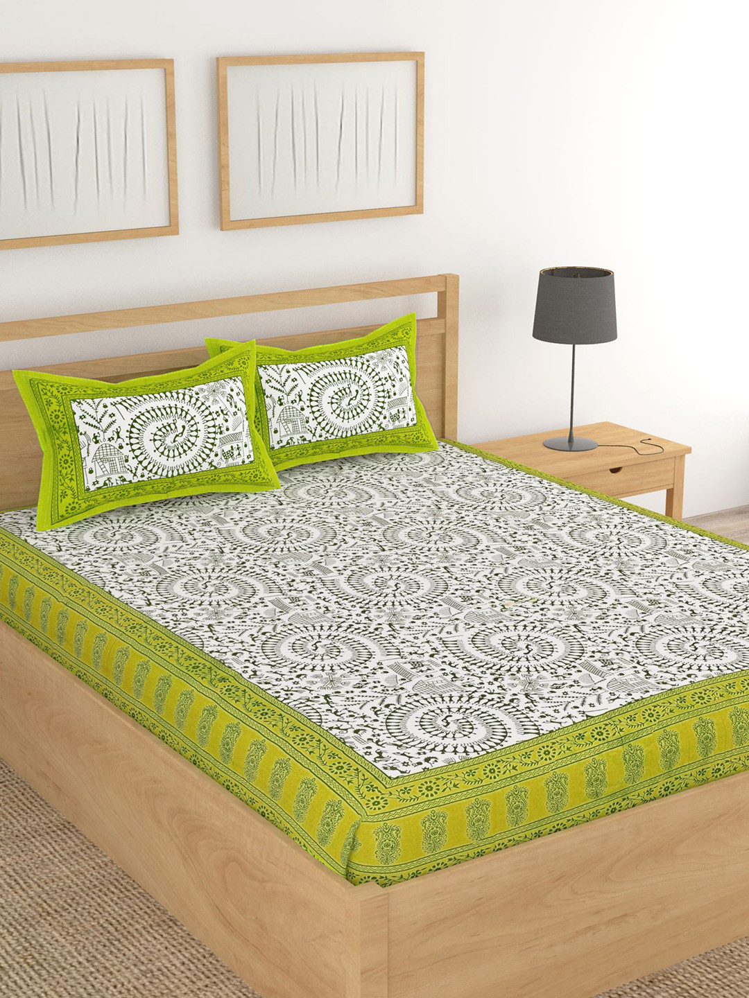 Lali Prints Jaipuri Green Self Design Cotton 130 TC Queen Bedsheet with 2 Pillow Covers-89 x 100 inches