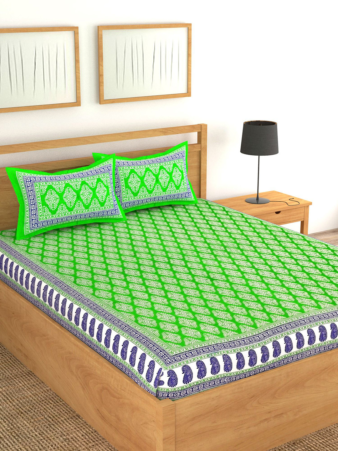 Lali Prints Jaipuri Green Ethnic Motifs Cotton 130 TC Queen Bedsheet with 2 Pillow Covers-90 x 100 inches