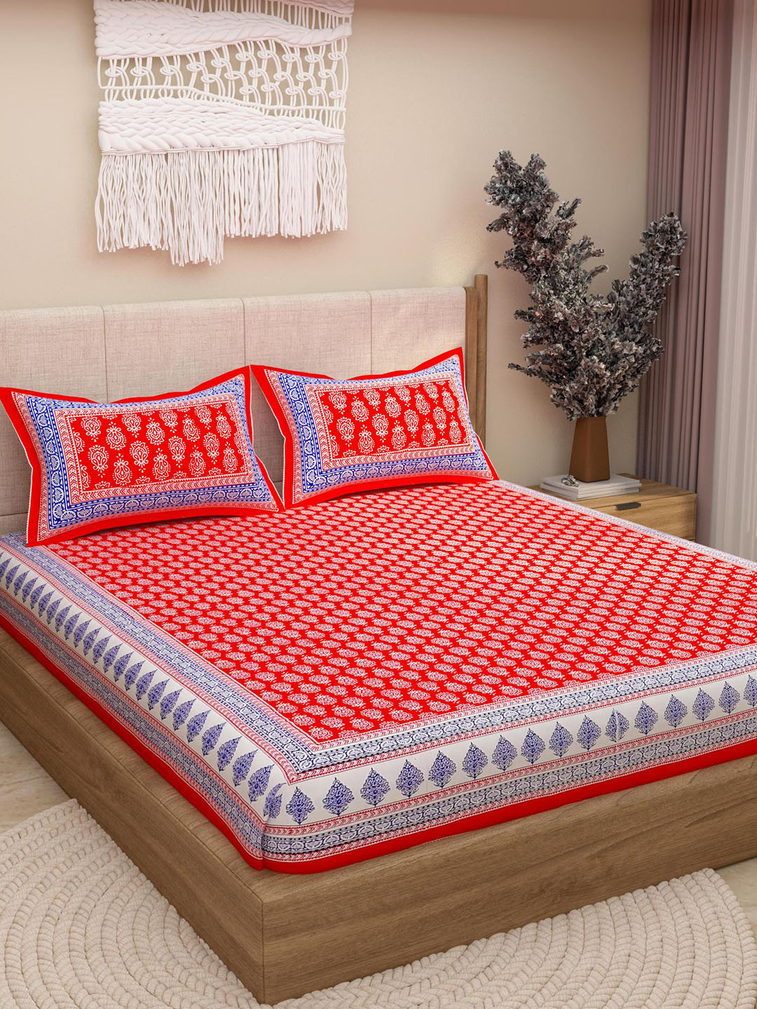 Lali Prints Jaipuri Red Ethnic Motifs Cotton 130 TC Queen Bedsheet with 2 Pillow Covers-90 x 100 inches