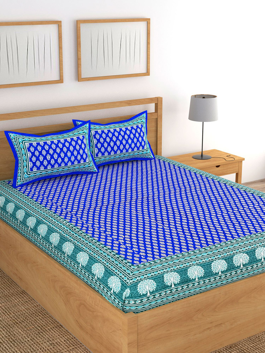 Lali Prints Blue Ethnic Motifs Cotton 130 TC Queen Bedsheet with 2 Pillow Covers-90 x 100 inches