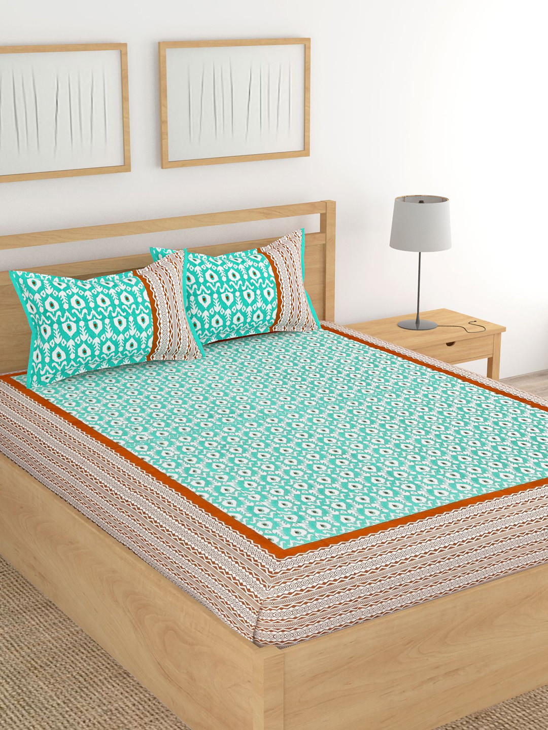 Lali Prints Green Graphic Cotton 130 TC Queen Bedsheet with 2 Pillow Covers-90 x 100 inches