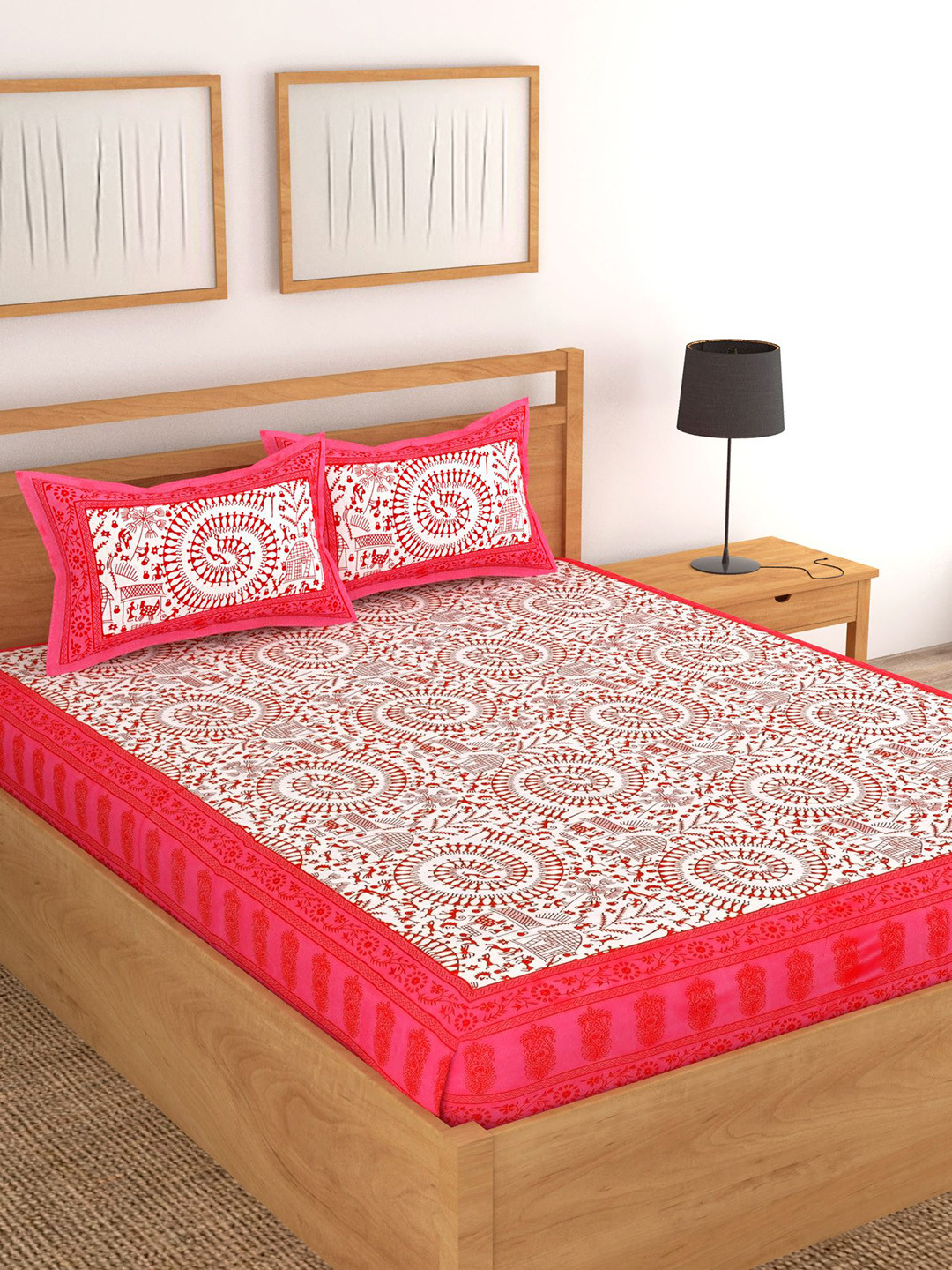 Lali Prints Pink Ethnic Motifs Cotton 130 TC Queen Bedsheet with 2 Pillow Covers-228 x 254 cm