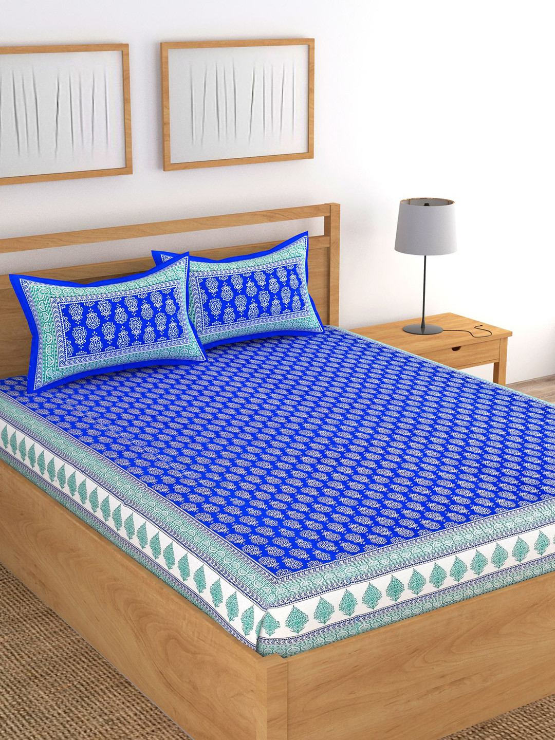 Lali Prints Jaipuri Blue Floral Cotton 130 TC Queen Bedsheet with 2 Pillow Covers-90 x 100 inches