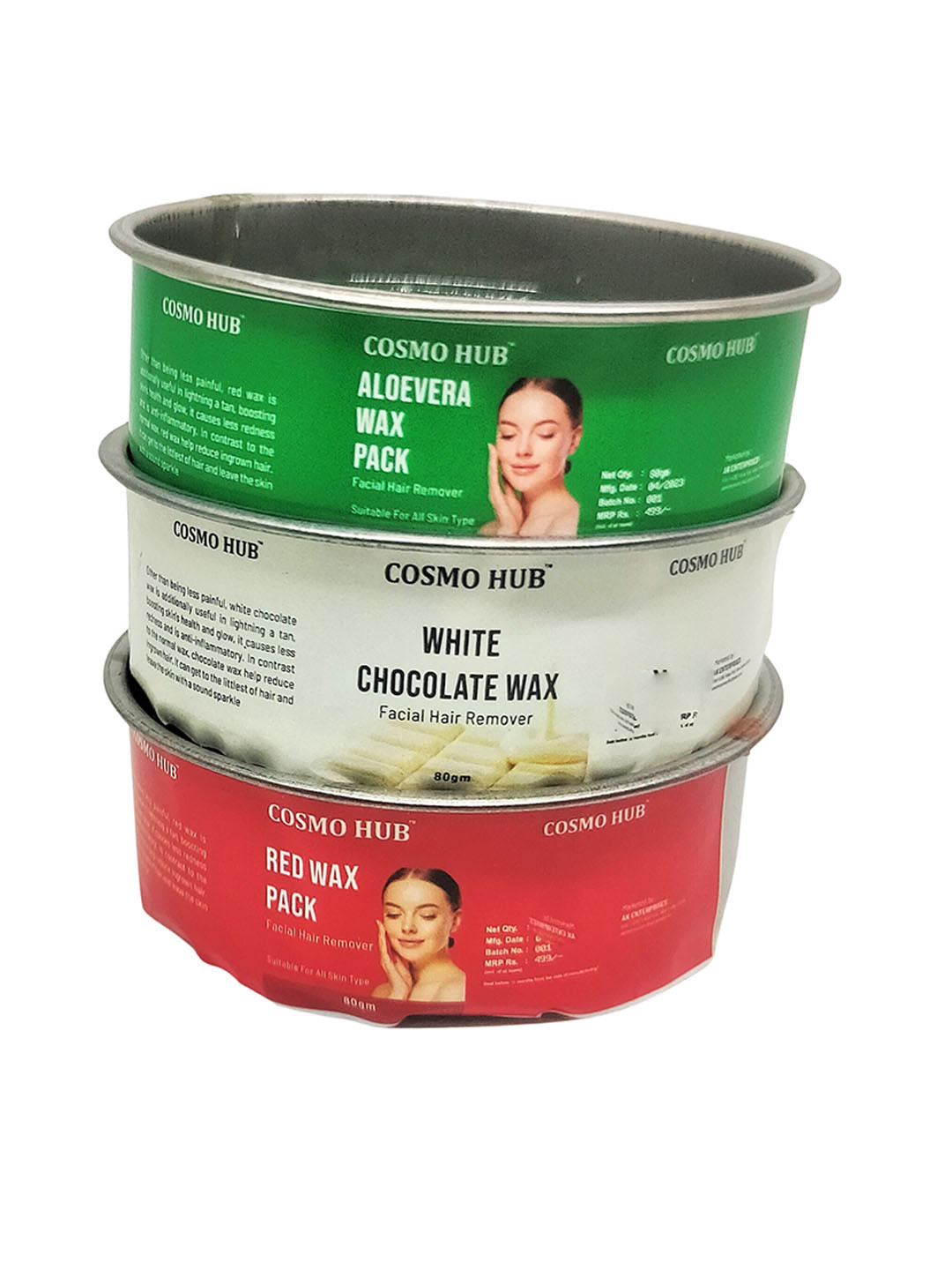 COSMO HUB Set Of 3 Facial Hair Remover Wax- Aloevera + Red Wax + White Chocolate- 80g Each